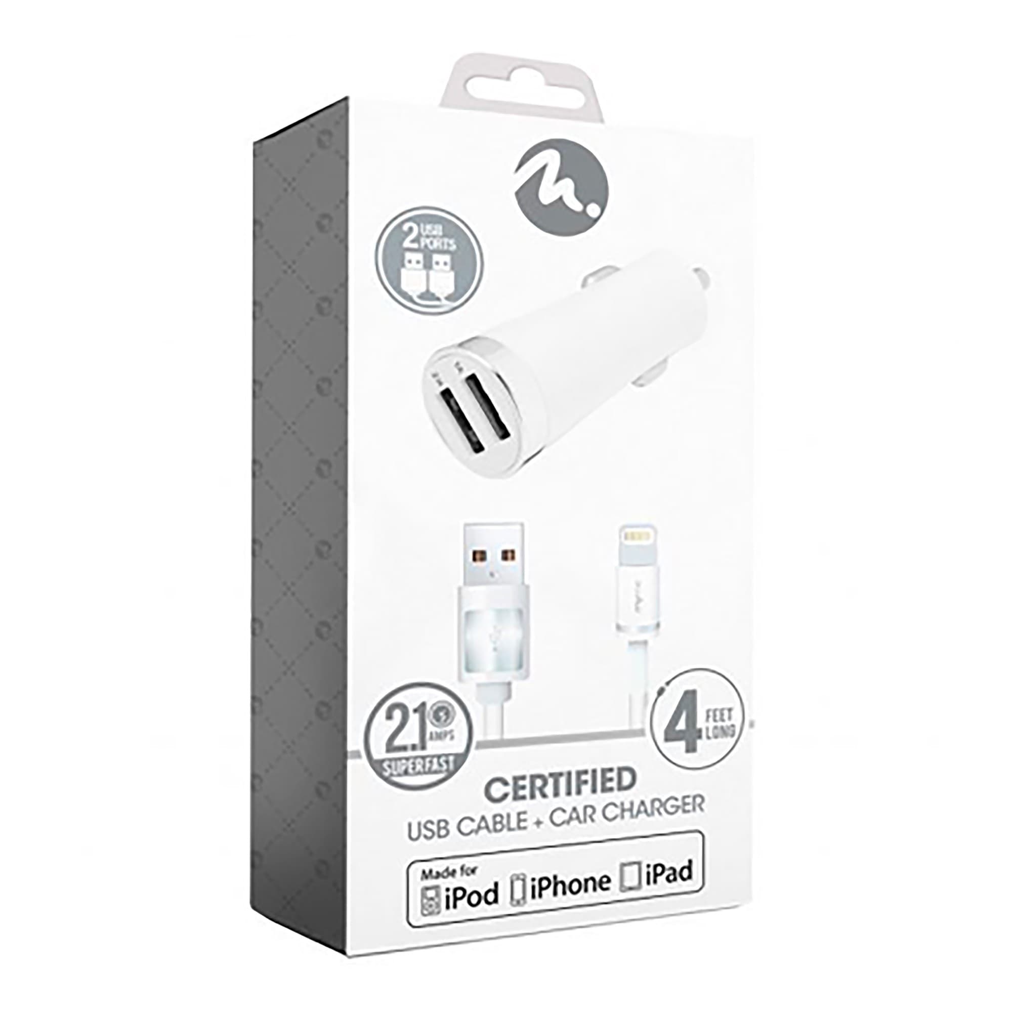 Cargador De Auto Fifo Doble Usb 2.1a Cable Lightning Mfi