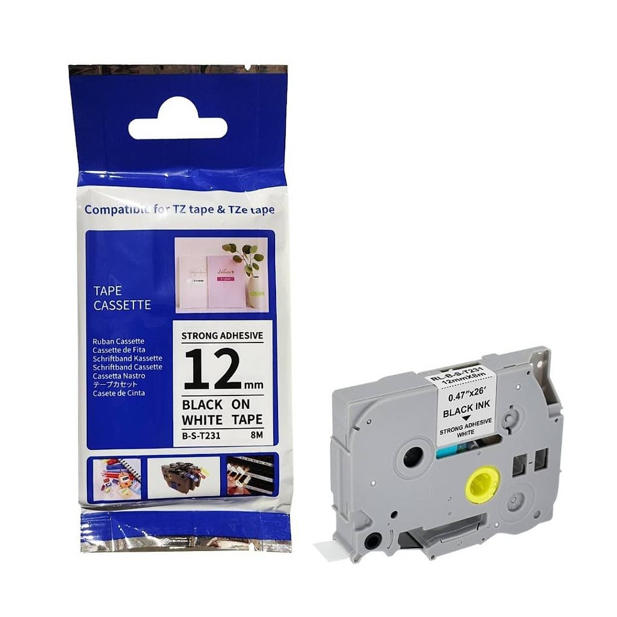 Cinta Adhesivo Extra Formato Tze-S231 Office Partner Ancho 12 Mm Y Longitud 8 M Fondo Blanco Y Letras Negras