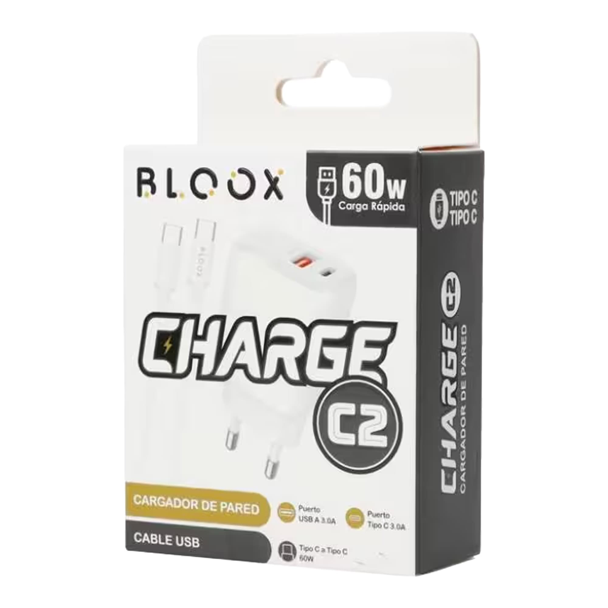 Cargador De Pared 1 Usb A / 1 Usb C Bloox Cable 60w