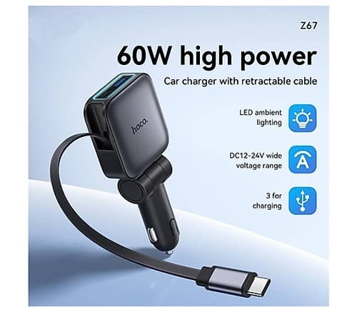 Hoco Z67 Cargador De Auto Pd60w 1 Usb-C Y 1 Usb-A C/Cable Usb-C Metal Gray
