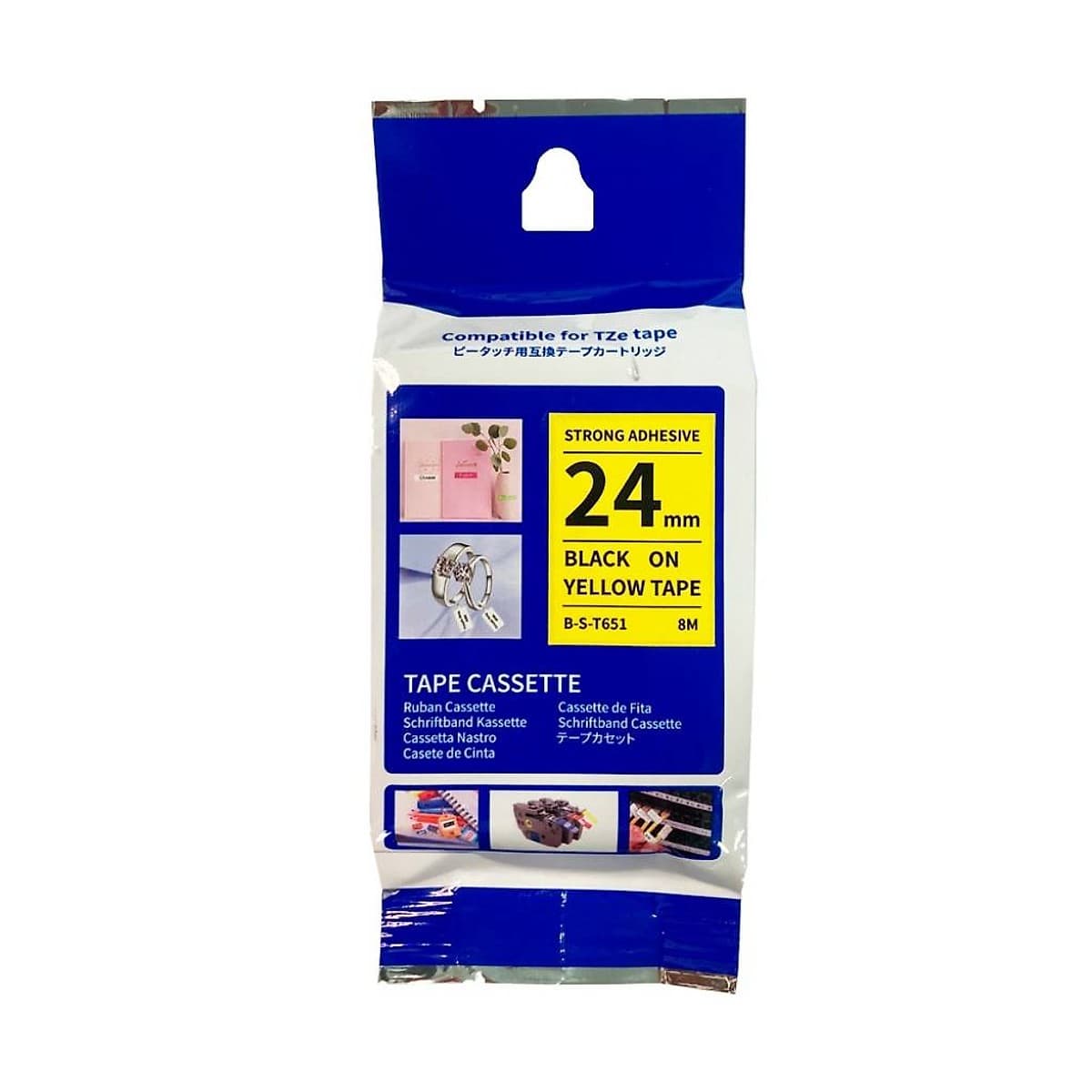Cinta Adhesivo Extra Formato Tze-S651 Office Partner Ancho 24 Mm Y Longitud 8 M Fondo Amarillo Y Letras Negras