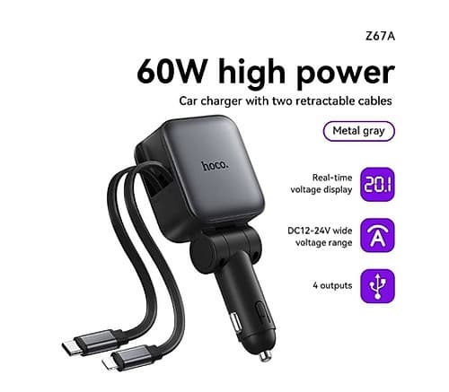Hoco Z67a Cargador Auto Pd60w 1 Usb-C Y 1 Usb-A C/Cable Usb-C Y Lightning Gray