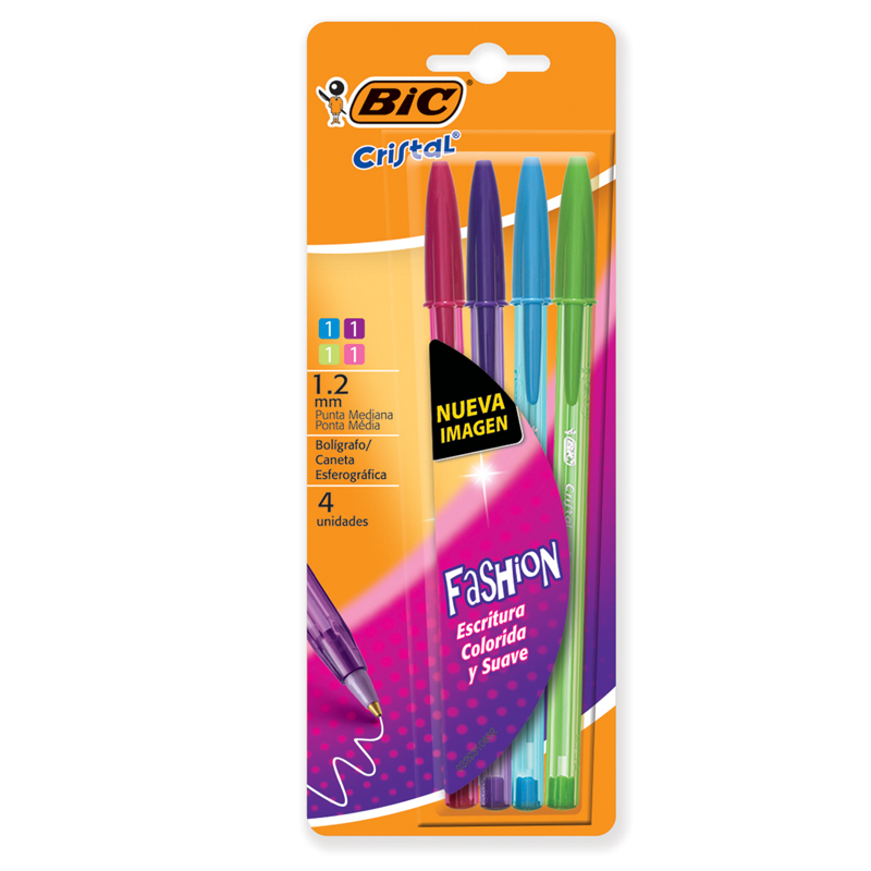 BOLIGRAFO BIC CRISTAL PUNTA 1.2MM FASHION SURTIDO BLISTER 4U