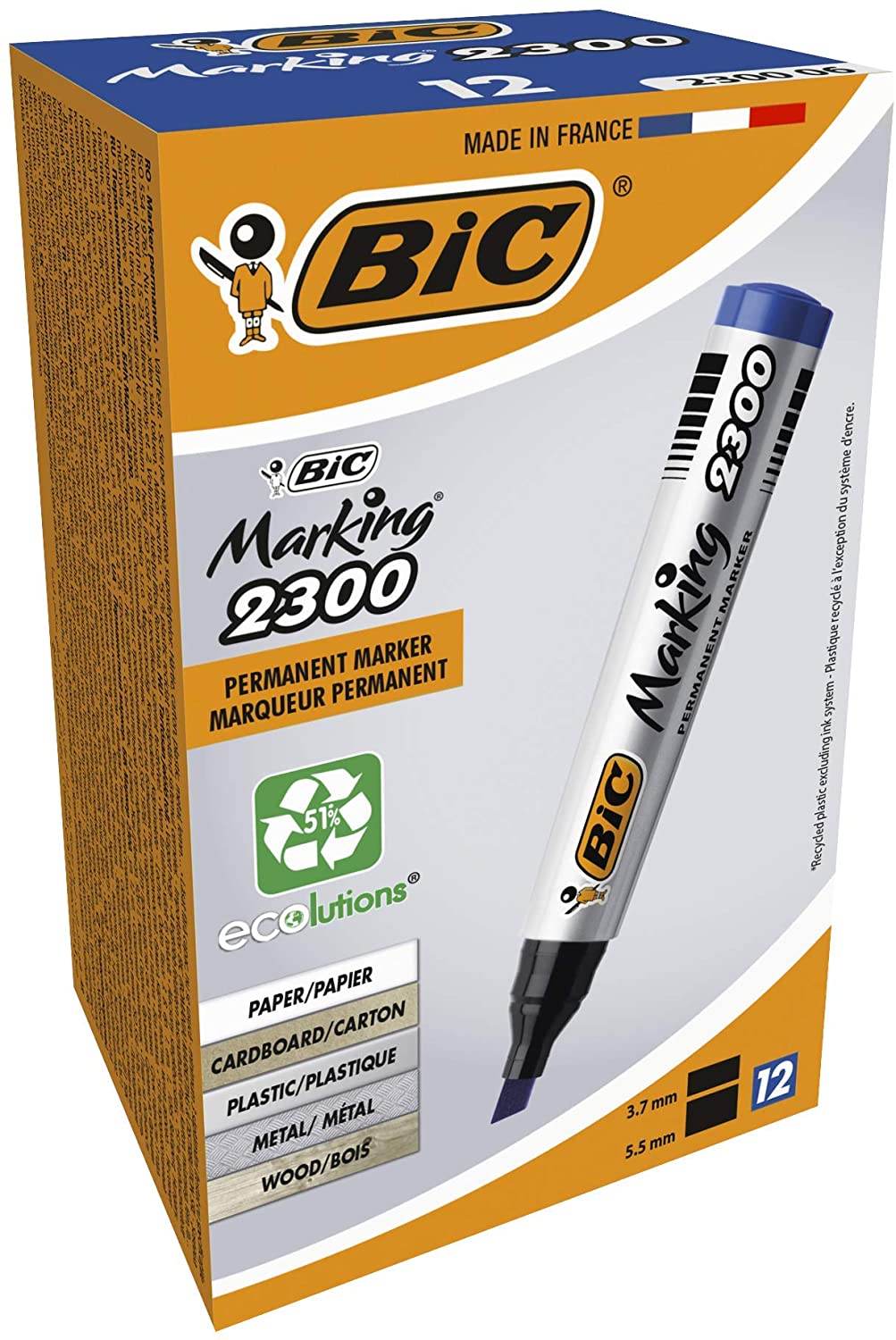 MARCADOR PERMANENTE BIC 2300 PUNTA CHATA AZUL BOX X12U