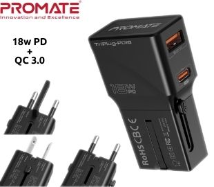 ADAPT DE VIAJE 18W PROMATE TRIPLUG-PD18 1USB Y 1 USBC