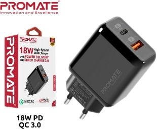 PROMATE POWERCUBE2 CARGADOR PARED 18W USB C PD/USB QC3.0 BK