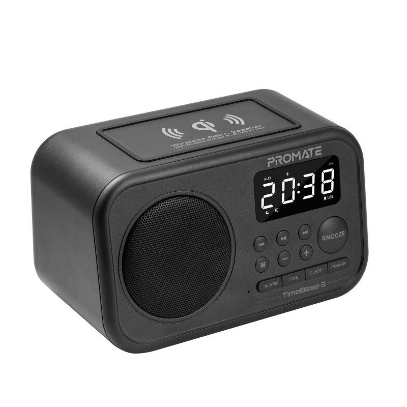 PARLANTE BT 5W PROMATE TIMEBASE-3 QI RADIO USB AUX RELOJ