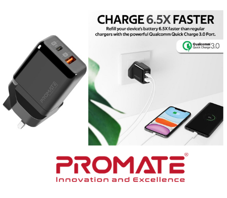 CARGADOR PARED 18W USB-C PROMATE POWERCUBE PD/USB QC3.0 WH