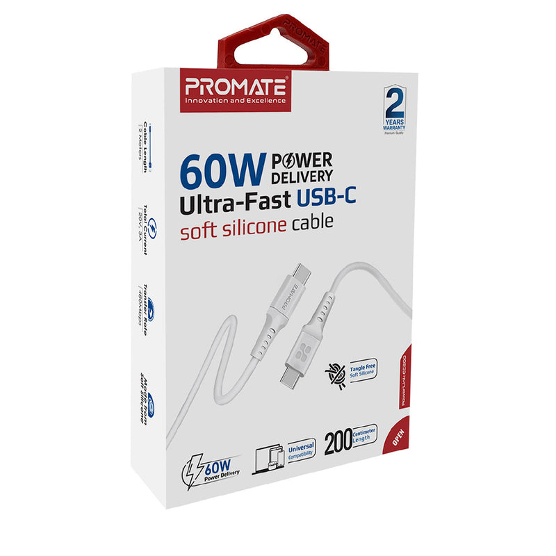 CABLE USB-C PARA CARGA 60W PROMATE POWERLINK-CC200 Blanco