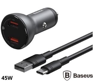 BASEUS TZCCBX-B0G CARGADOR AUTO 2 USB 45W + CABLE USB-C 1M