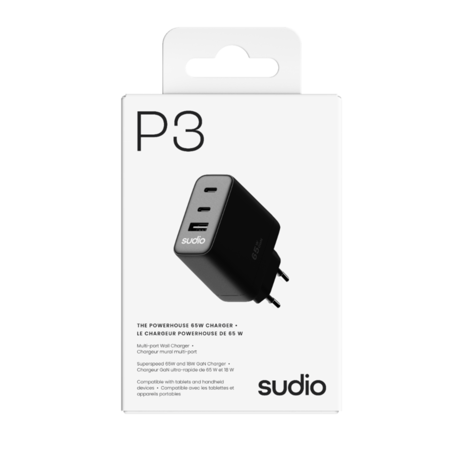 CARGADOR DE PARED SUDIO P3 64W Negro 2x USB-C y 1x USB-A