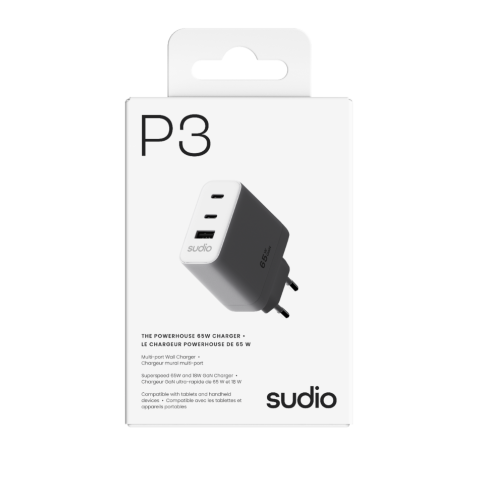 CARGADOR DE PARED SUDIO P3 64W Blanco 2x USB-C y 1x USB-A