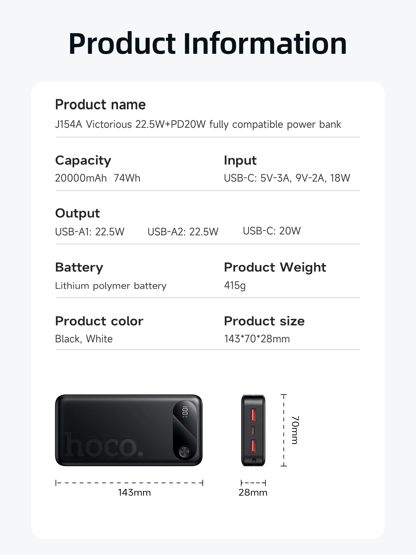 POWERBANK HOCO J154A VICTORIOUS 22.5W+PD20W 20.000MAH Blanco