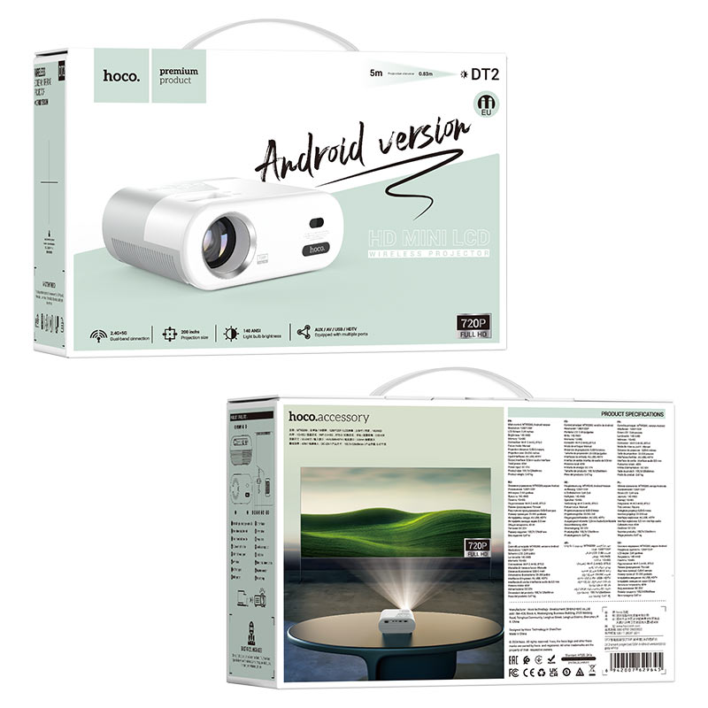 PROYECTOR HOCO DT2 SMART 720p Android WiFi 5G 140 ANSI BT