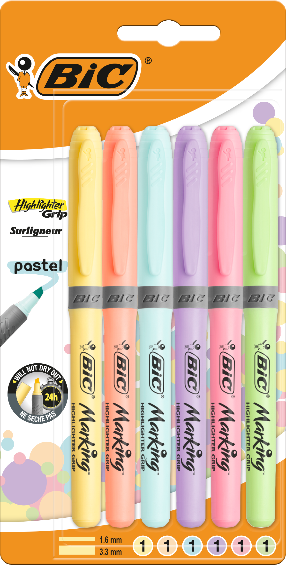 RESALTADOR BIC GRIP PASTEL BLISTER X6
