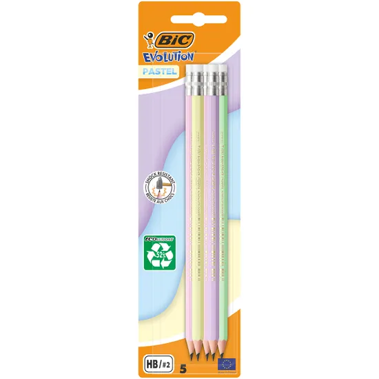 LAPIZ GRAFITO BIC EVOLUTION PASTEL CON GOMA BLISTER X5U