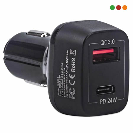 Cargador USB Auto USB-C 24W Y USB-A QC3.0 18W MANHATTAN