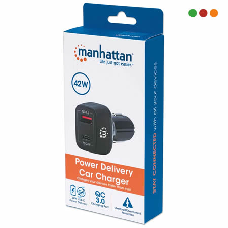 Cargador USB Auto USB-C 24W Y USB-A QC3.0 18W MANHATTAN