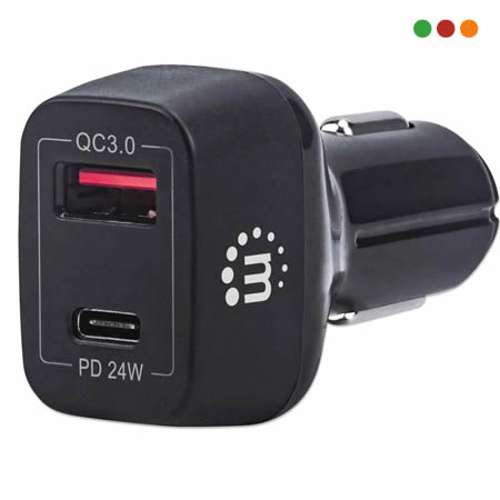 Cargador USB Auto USB-C 24W Y USB-A QC3.0 18W MANHATTAN