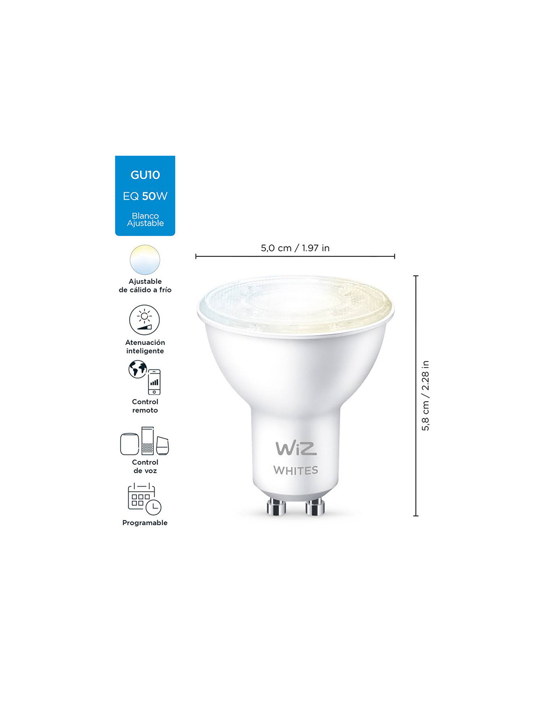 LAMPARA WiZ WIFI BLANCO TUNABLE GU10 LED 4.9W