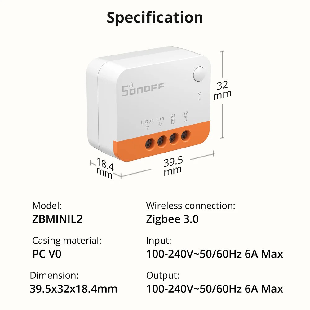 Interruptor Sonoff ZBMINIL2 Zigbee Sin Neutro Mini