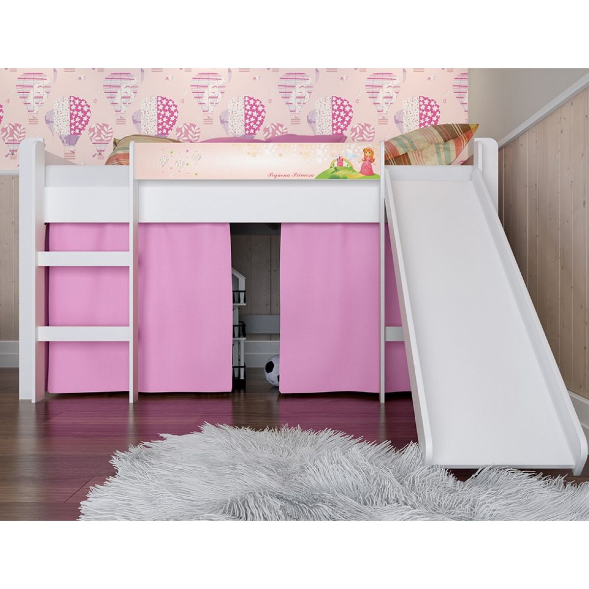 Cama Alta Con Tobogan Cortina Rosa