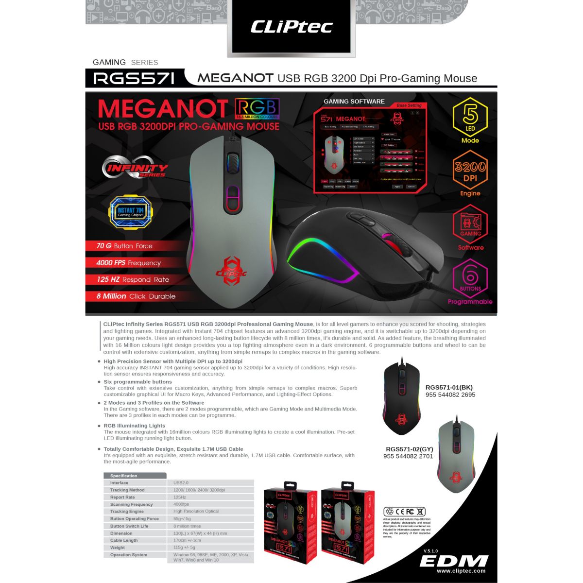 Mouse Usb Cliptec 571 Gaming Rgb-Negro