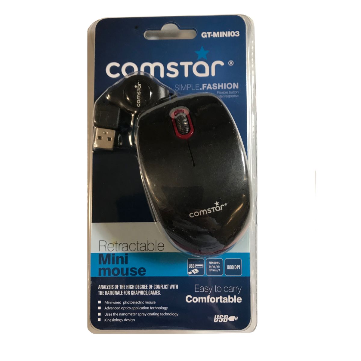 Mini Mouse Retractil Comstar Negro y Rojo Gt03