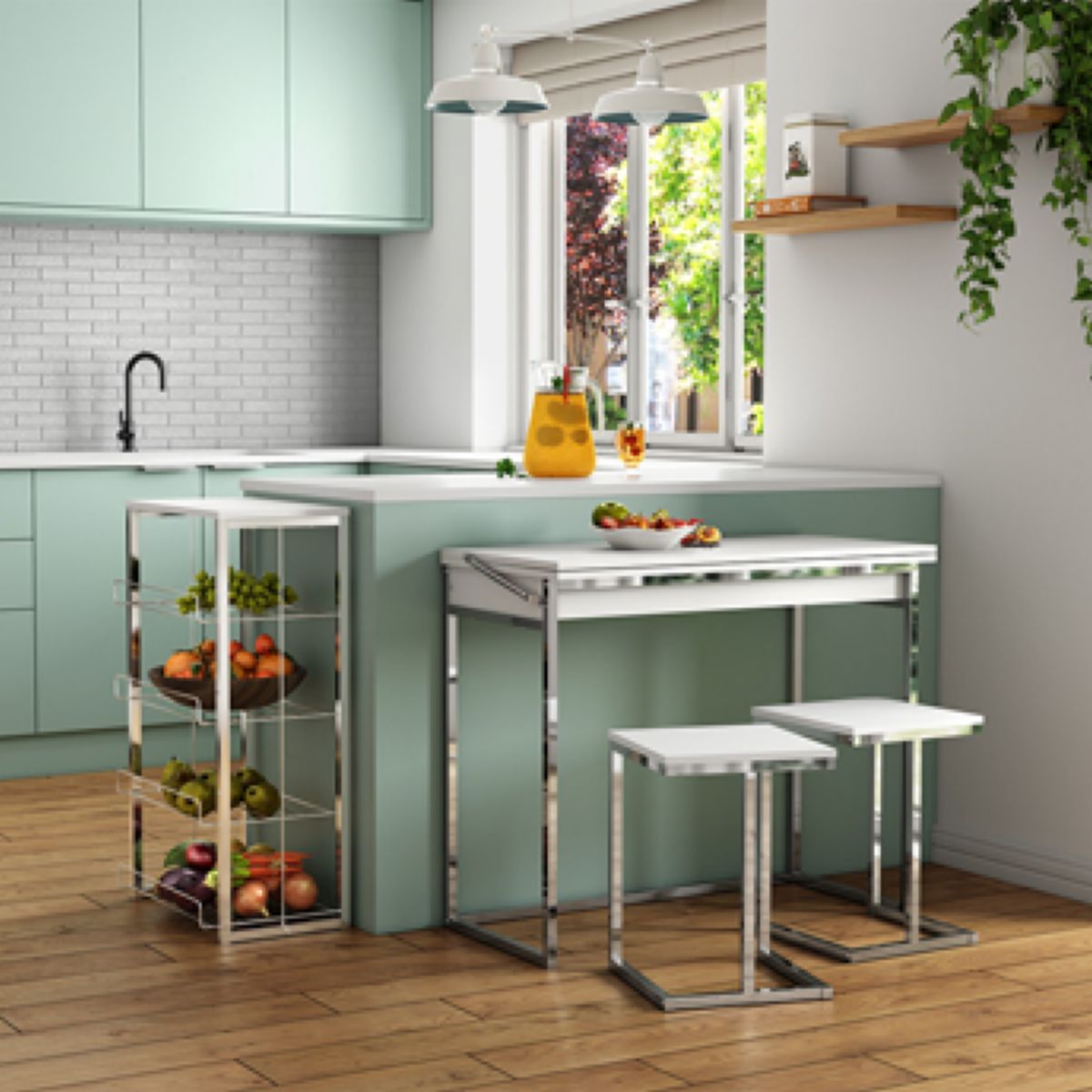 Mesa Plegable Desayunadora + Bancos Bran Blanca