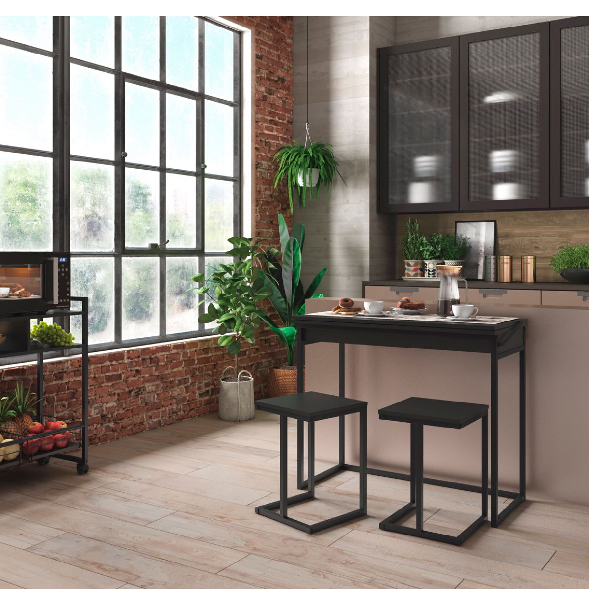 Mesa Plegable Desayunadora + Bancos Bran Negra