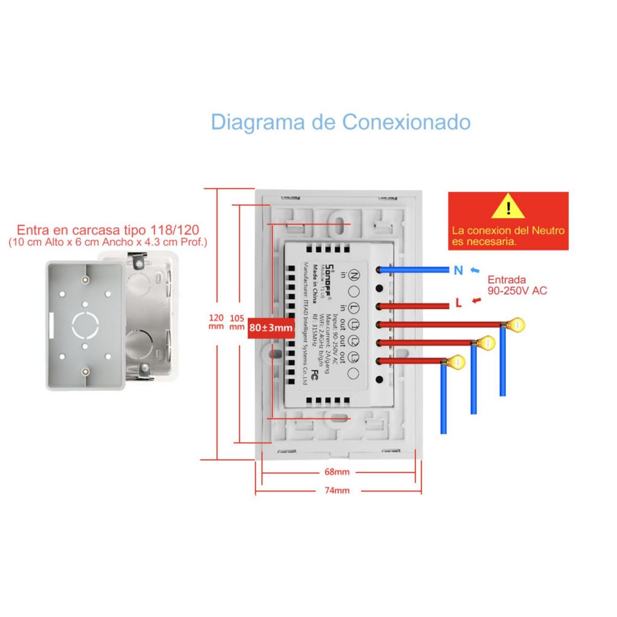 Sonoff Interruptor Pared 3 Botones 90-240vac 10a