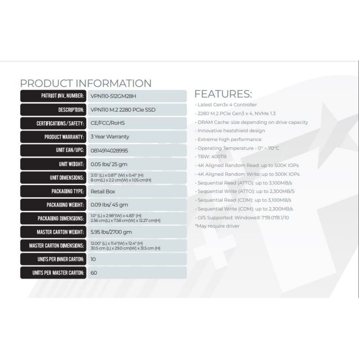 Disco SSD M2 2280 NVMe 512Gb Patriot Viper Vpn110