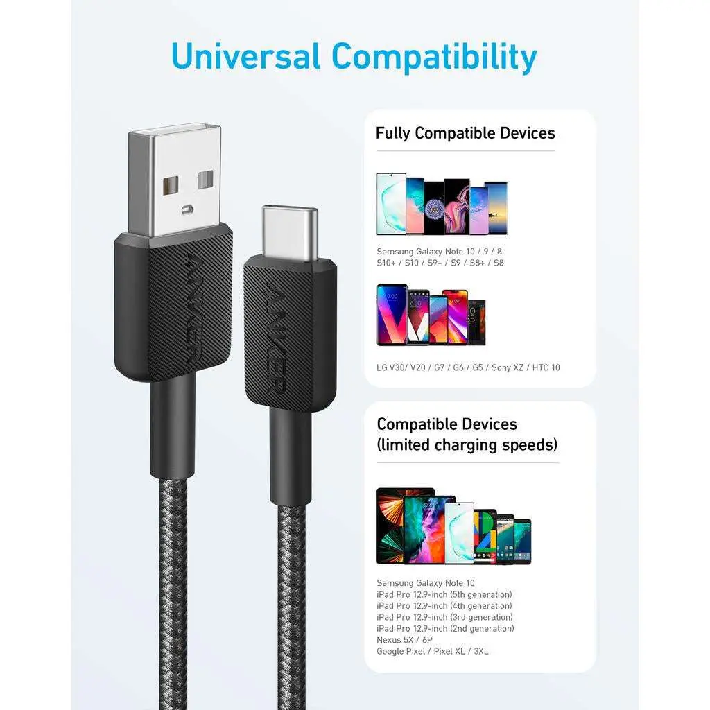 Cable USB-A a USB-C trenzado Anker 322 1,8 metros negro