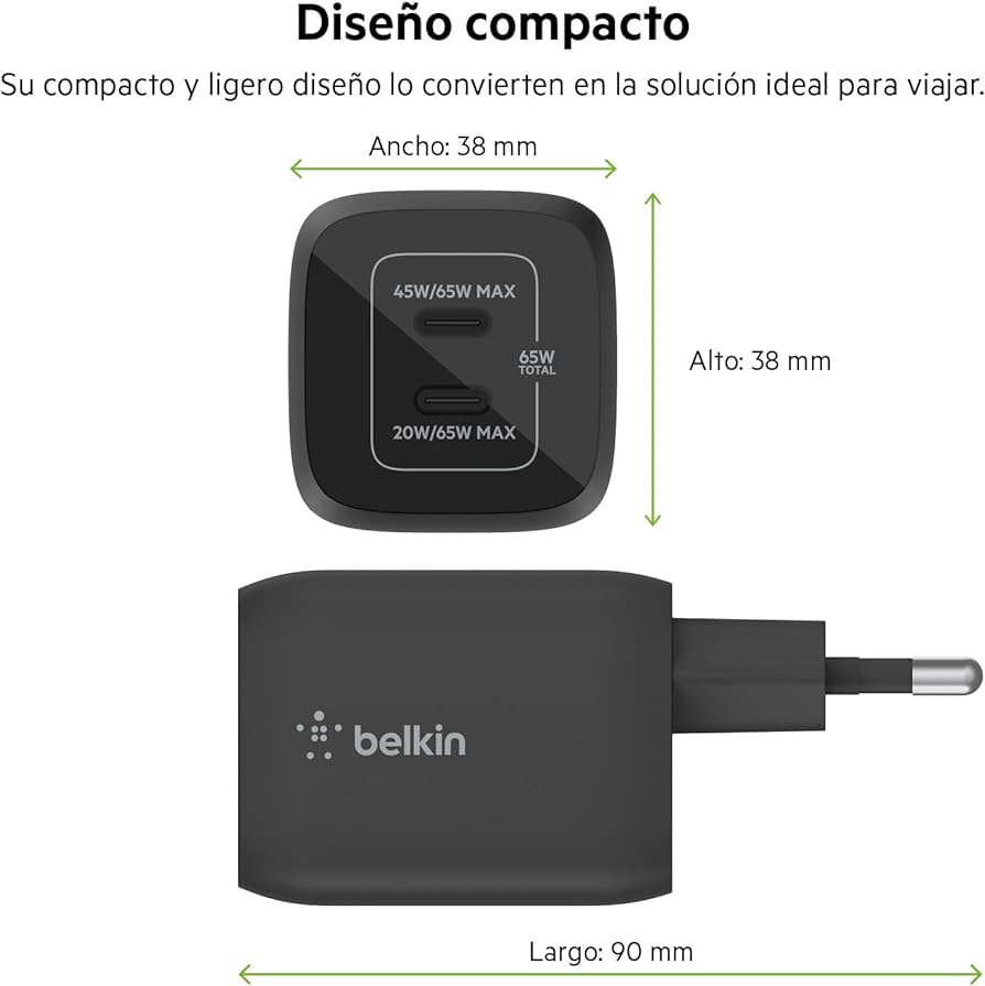 Cargador de pared doble USB-C GaN PPS de 65 W Belkin