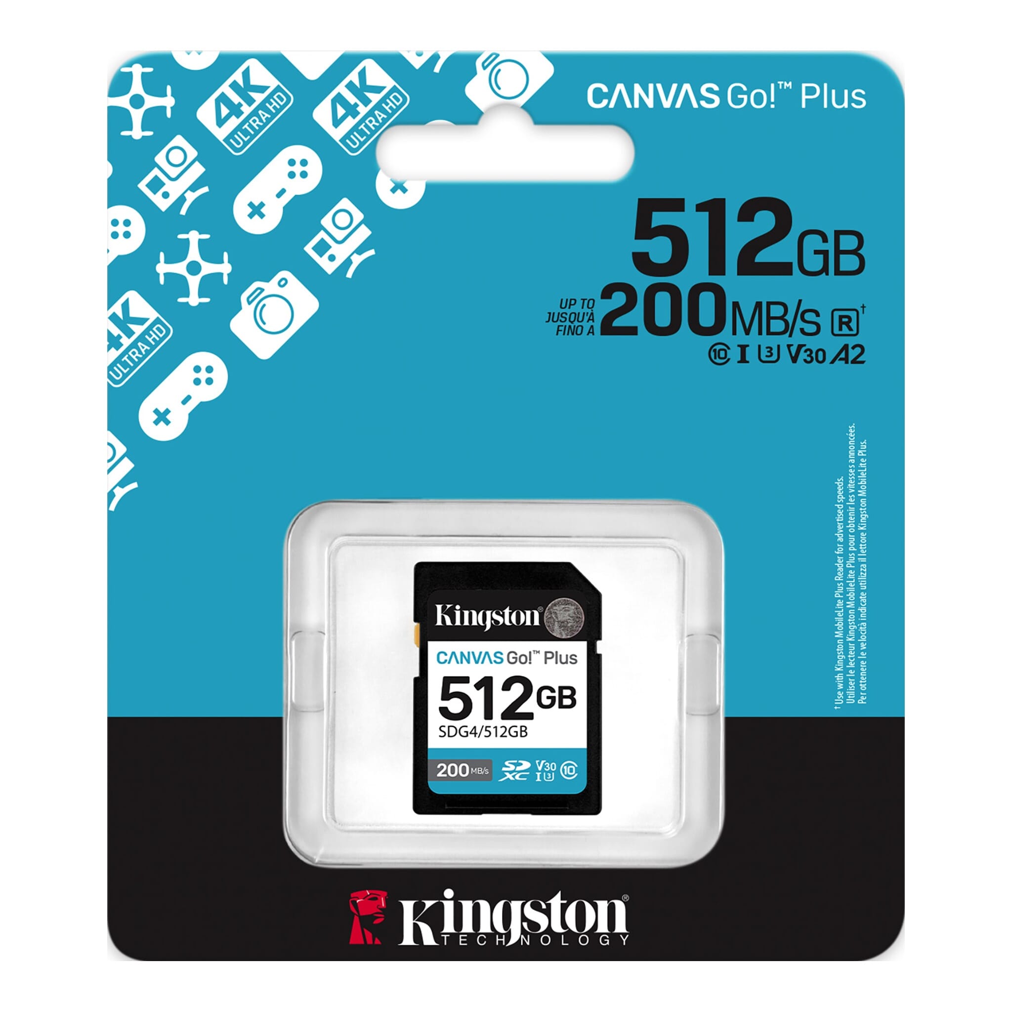 Tarjeta SD Kingston Canvas Go Plus 512GB U3 V30 200MB/s